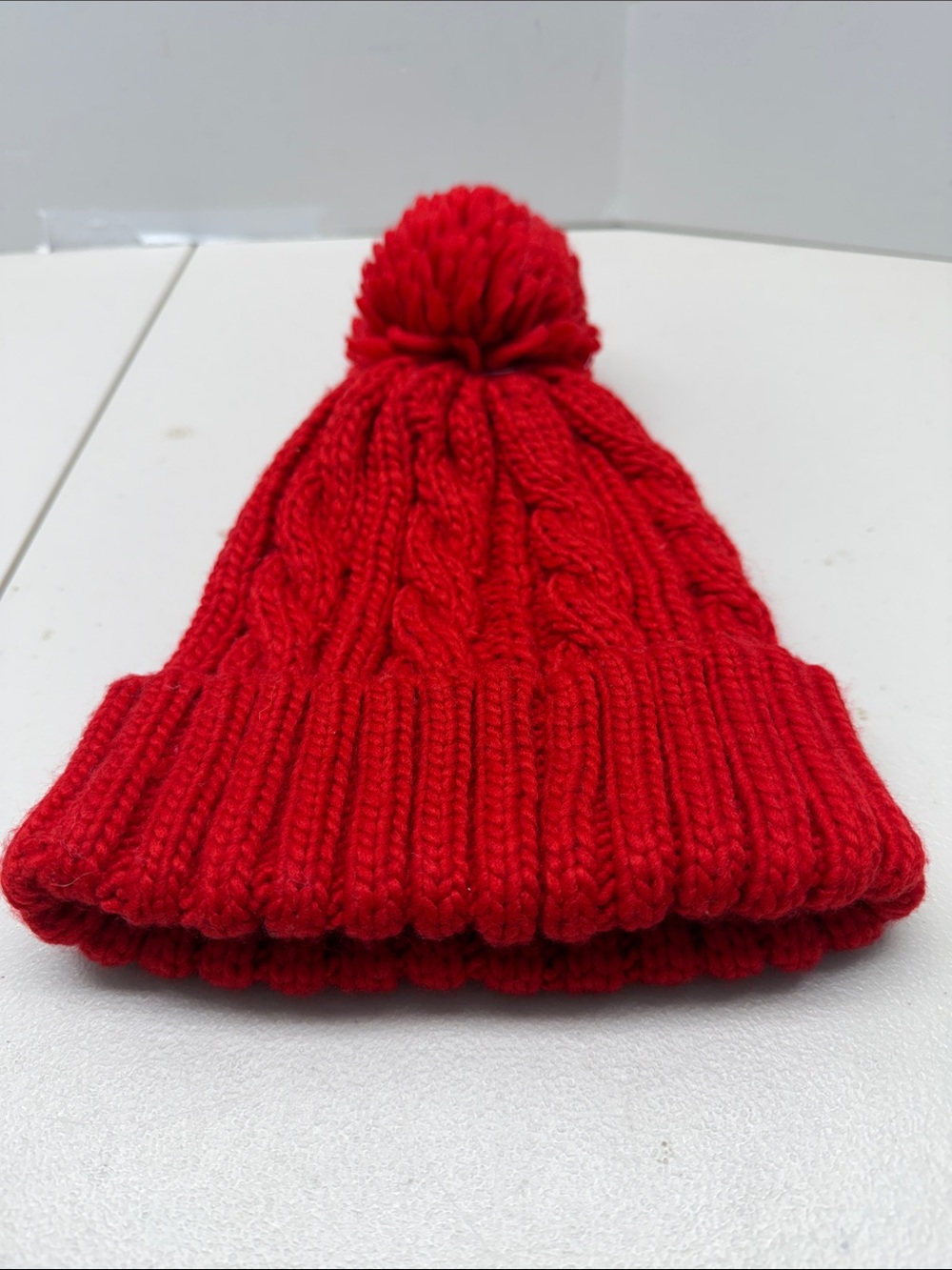 Garage Red Cable-Knit Pom Beanie